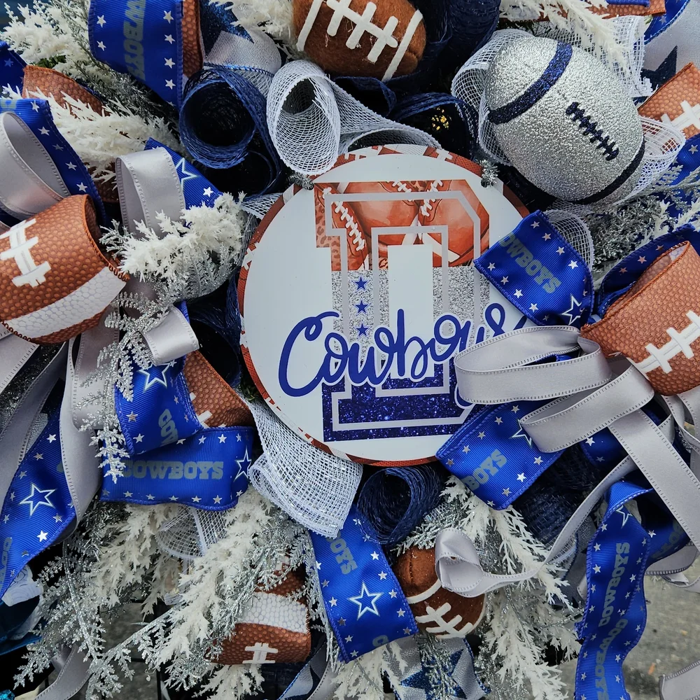 Cowboys Themed Holiday Wreath with Blue and Silver Accents